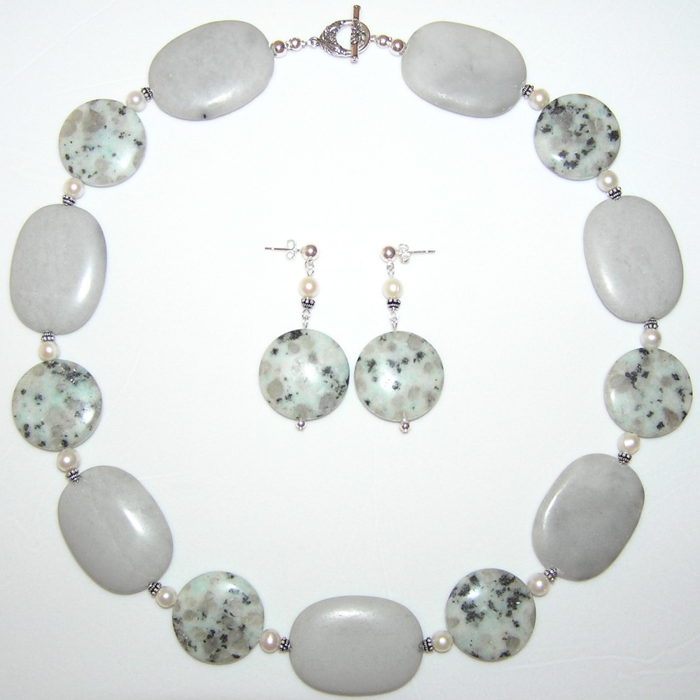 Jasper, Pearl & Marble Sterling Necklace Set